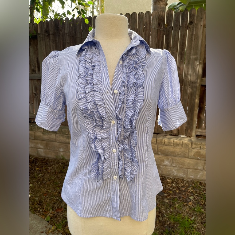 Pixie Hopkins Blue Striped Ruffle Blouse M